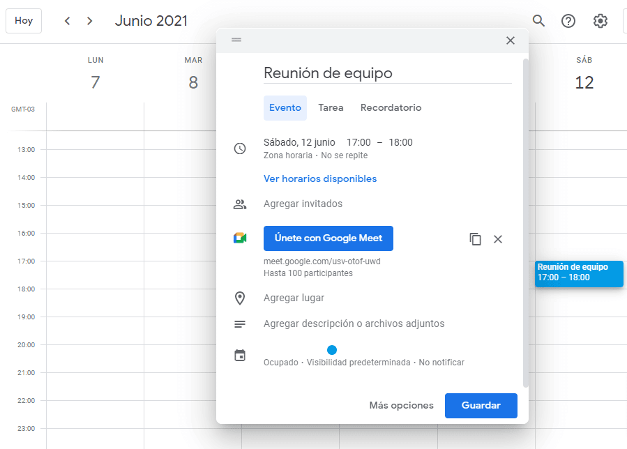 agendar reunion en meet desde google calendar