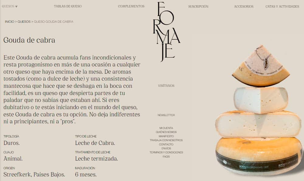 descripción de un queso gourmet en la web de Formaje